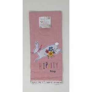 Pink Embroidered Spring Easter Bunny Hippity Hop Kitchen Tea Towel Cottontail